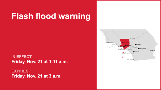 Flash flood warning affecting Los Angeles County until 3 a.m. Friday triggered by thunderstorms