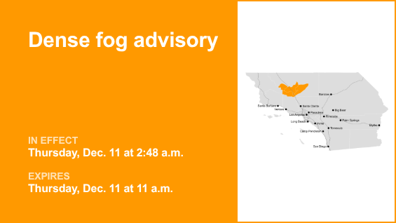 5 Freeway through Grapevine under a dense fog advisory until Thursday midday – quarter mile visibility