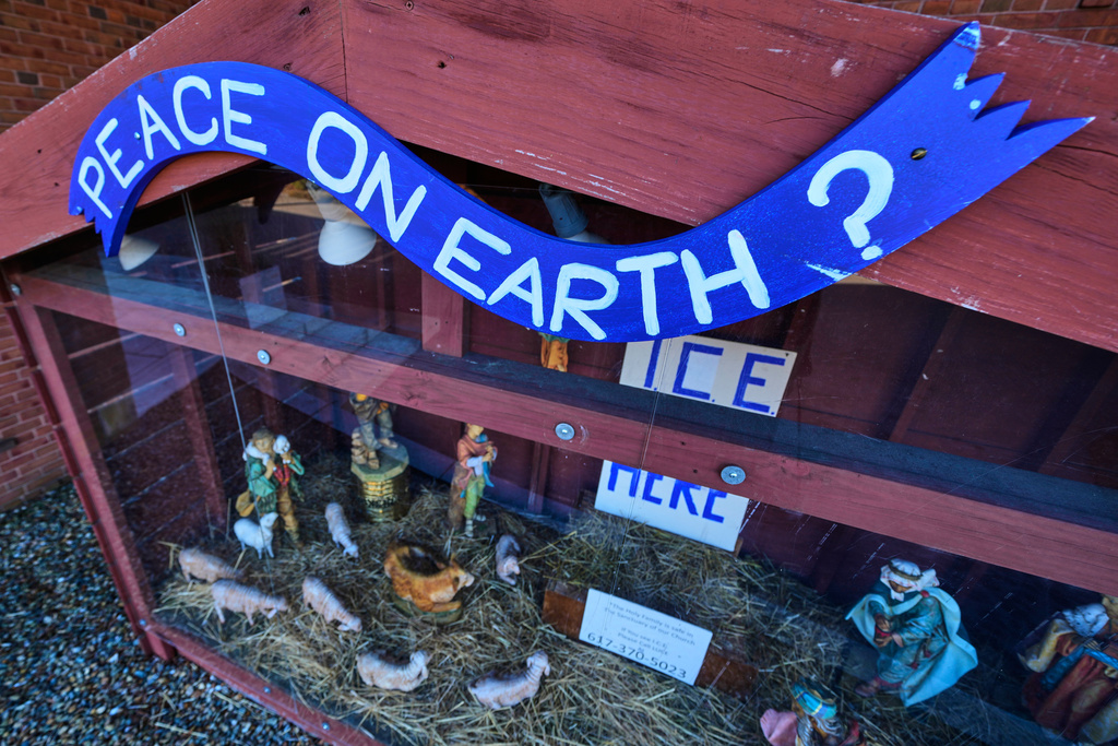 Church Nativity scenes add zip ties, gas masks and ICE to protest immigration raids