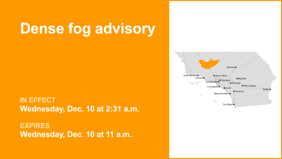 Dense fog advisory for 5 Freeway through Grapevine until Wednesday midday – quarter mile visibility