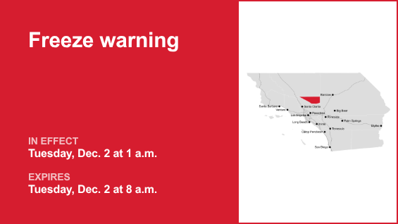 Freeze warning issued for Antelope Valley for Tuesday