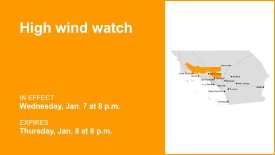 High wind watch issued for Los Angeles County for Wednesday and Thursday – wind gusts reaching 65 mph