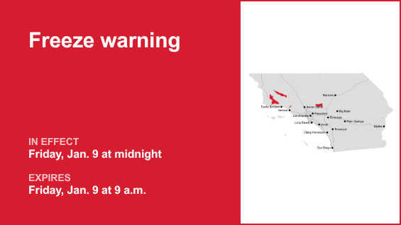 Update: Freeze warning in place for the Antelope Valley area for Friday – temperatures as low as 28